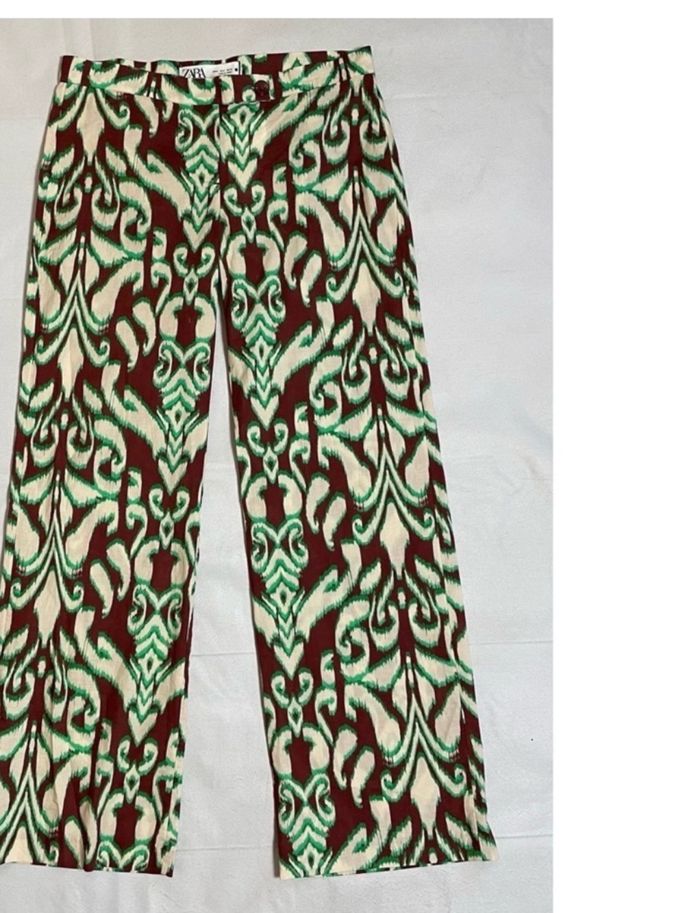 Zara Burgundy, Cream & Green Straight-Leg Printed Pants